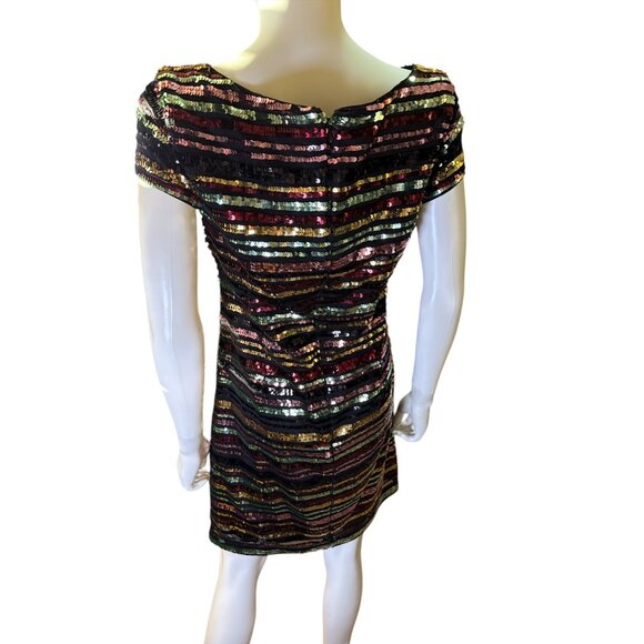 Vince Camuto Multicolor Striped Sequin Dress Sz 6 Short Sleeve Holiday Party EUC - Picture 4 of 7